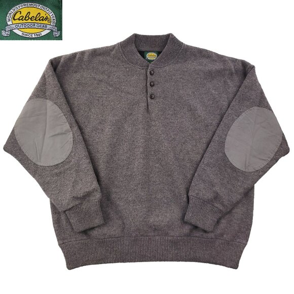 Cabelas Vintage Windstopper Sweater Lined Wool Blend Elbow Patches 1/4 Button XL
